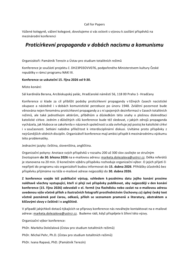 Call for Papers: Protikatolická propaganda – výzva k podávání příspěvků